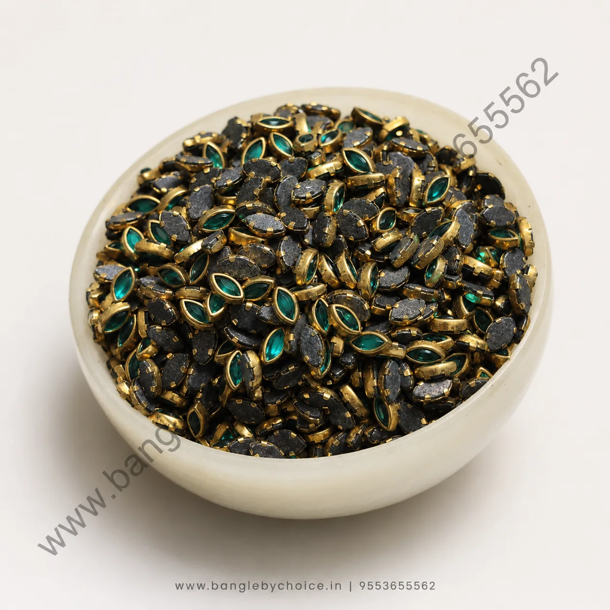 6K Eye Shape Rama Green Glossy Kundans for bangle making, jewellery making, blouse work and DIY craft projects