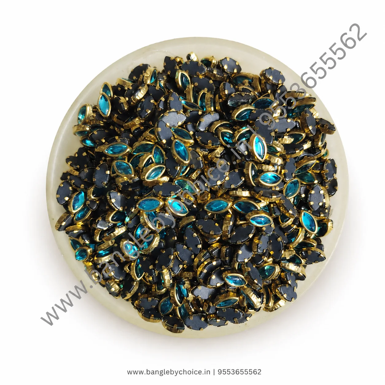 6K Eye Shape Sky Blue Glossy Kundans for bangle making, jewellery making, blouse work and DIY craft projects