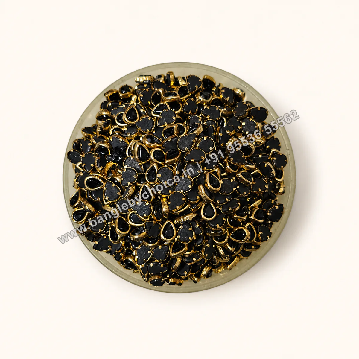 Black Eye Shape Glossy Kundans premium product photo with diagonal Bangle By Choice watermark