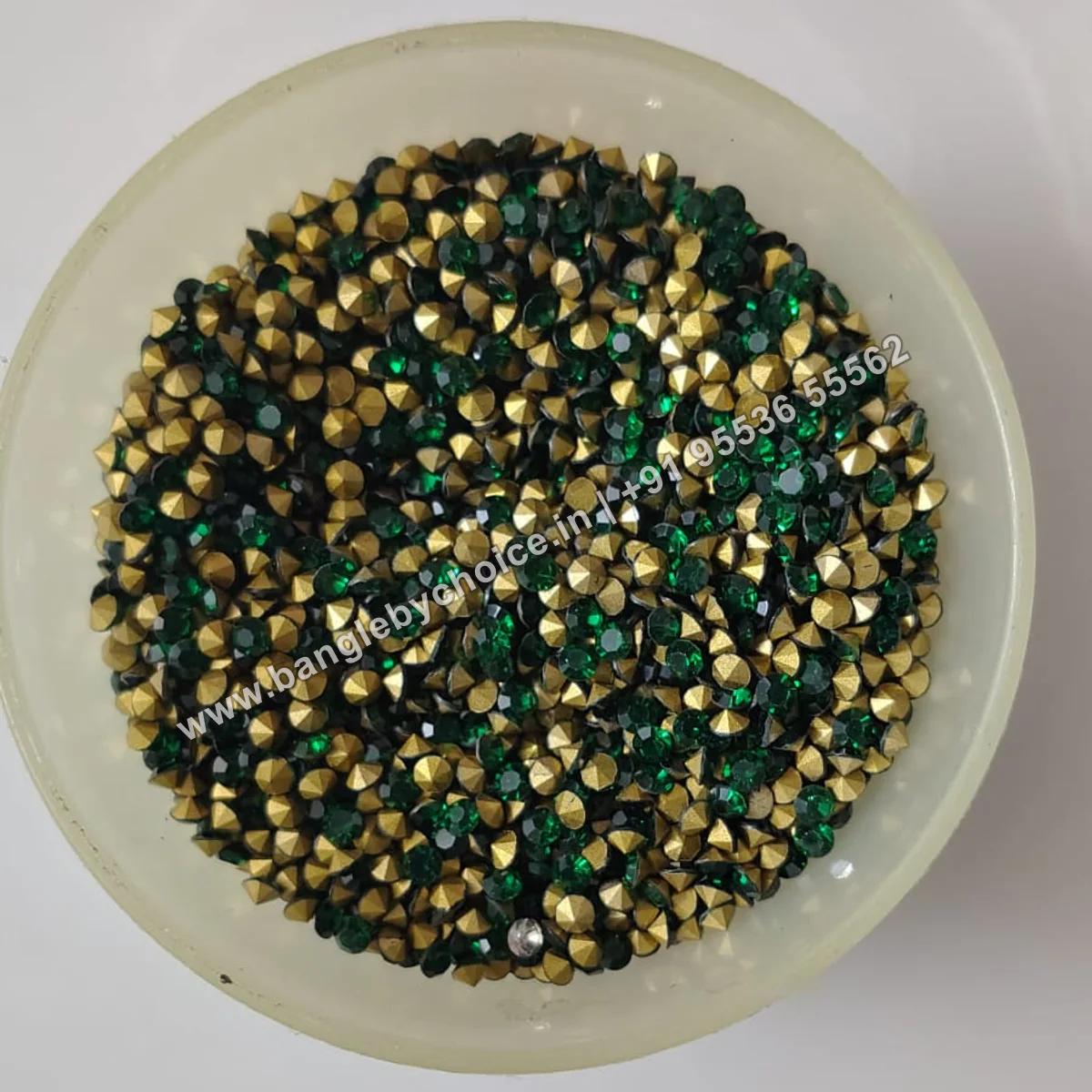 12SS (3mm) Dark Green Pointed-Back Kundans premium product photo with diagonal Bangle By Choice watermark