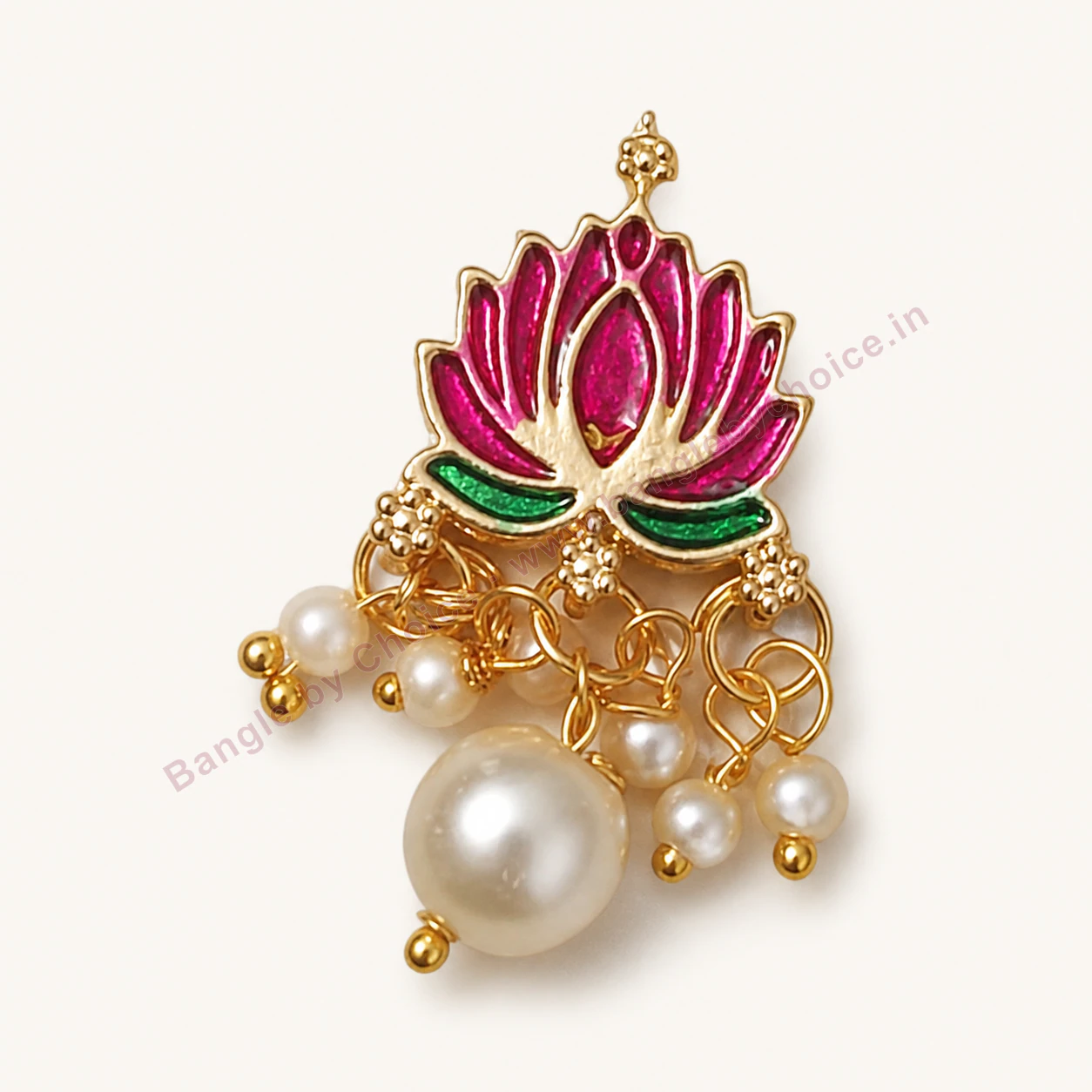 Pink Lotus Pearl Drop Enamel Charm premium product photo with Bangle By Choice watermark and phone number